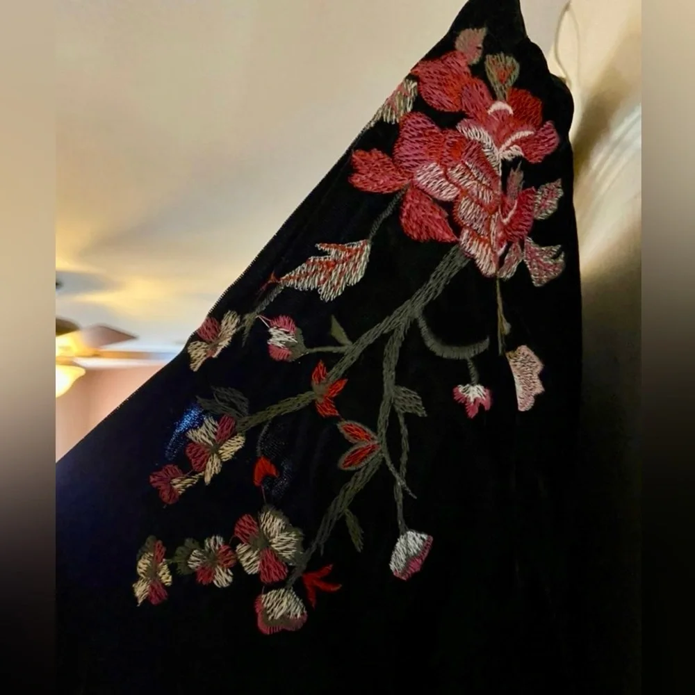 Black Velvet Floral Embroidery Dress 20” Bust, 15” Waist, 38.5” L. PRICE IS FIRM - Picture 6 of 7